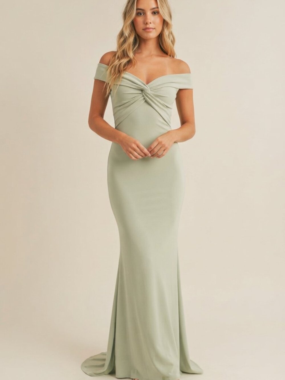 Katie May Light Green Liu Twisted Off-Shoulder Maxi Gown Small 57356